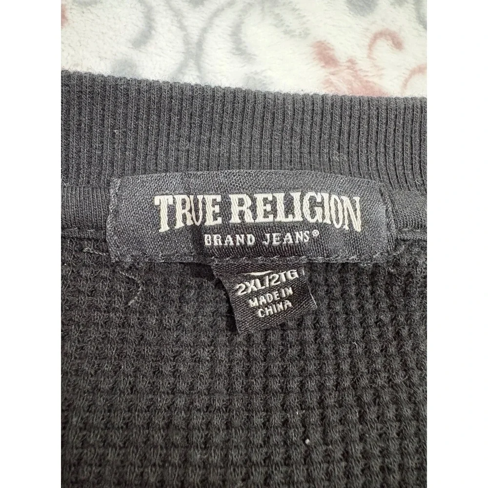 True Religion Mens 2XL Black Waffle Knit Henley Short Sleeve Horseshoe Logo Shir